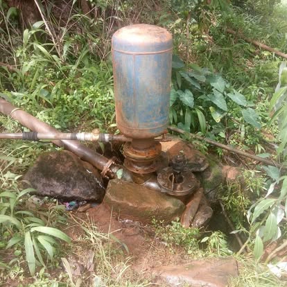 Blue hydram chamber installed among rocks and vegetation