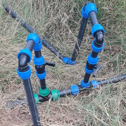 HDPE pipe manifold with valves laid out for water distribution